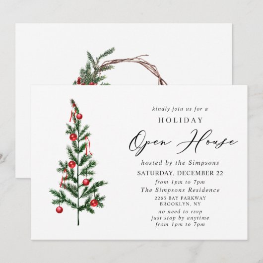Waterverf kerstfeestdag in Pine Tree Open House Kaart (Voorkant / Achterkant)