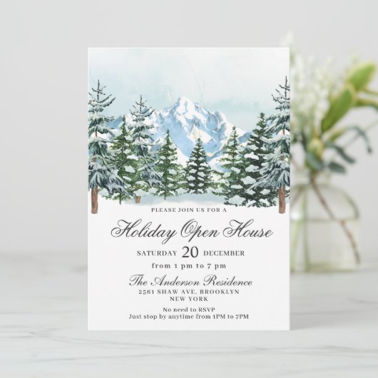 Waterverf kerstfeestdag in Pine Tree Open House Kaart (Staand voorkant)