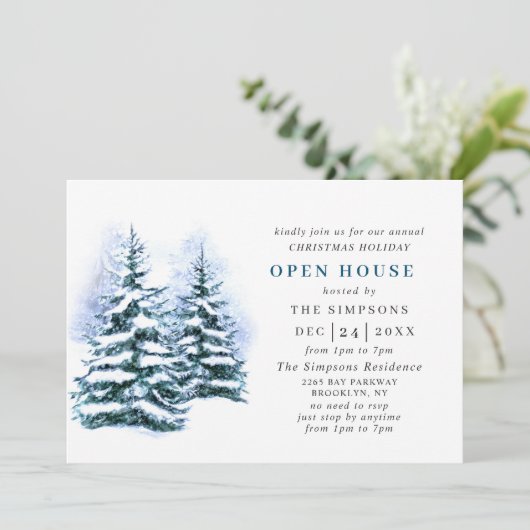 Waterverf kerstfeestdag in Pine Tree Open House Kaart (Staand voorkant)
