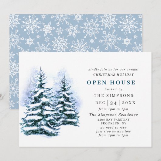 Waterverf kerstfeestdag in Pine Tree Open House Kaart (Voorkant / Achterkant)
