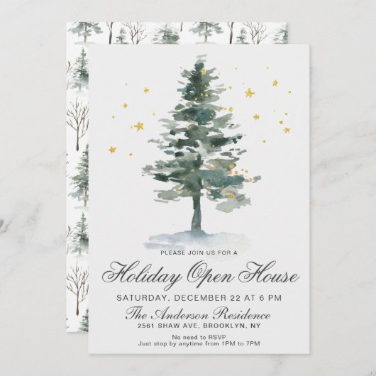 Waterverf kerstfeestdag in Pine Tree Open House Kaart (Voorkant / Achterkant)