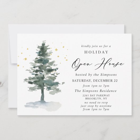 Waterverf kerstfeestdag in Pine Tree Open House Kaart (Voorkant)