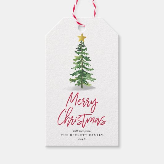 Waterverf kerstfeestdag met bomen cadeaulabel (Voorkant)