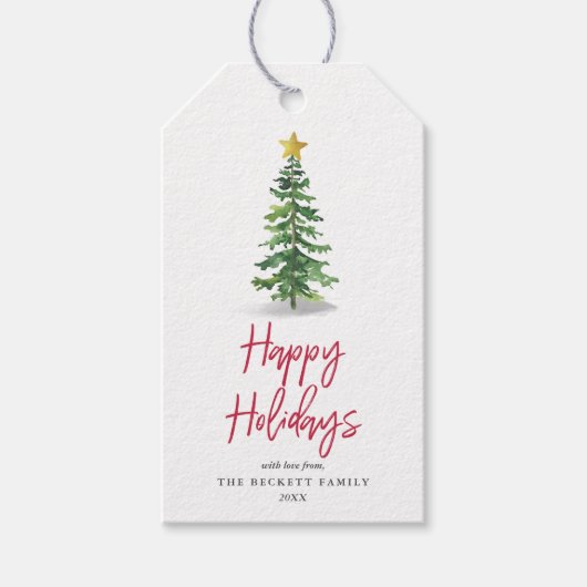 Waterverf kerstfeestdag met bomen cadeaulabel (Voorkant)