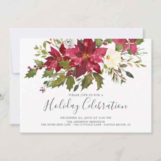 Waterverf Kerstfeestdag Rode Poinsettia Kaart (Voorkant)