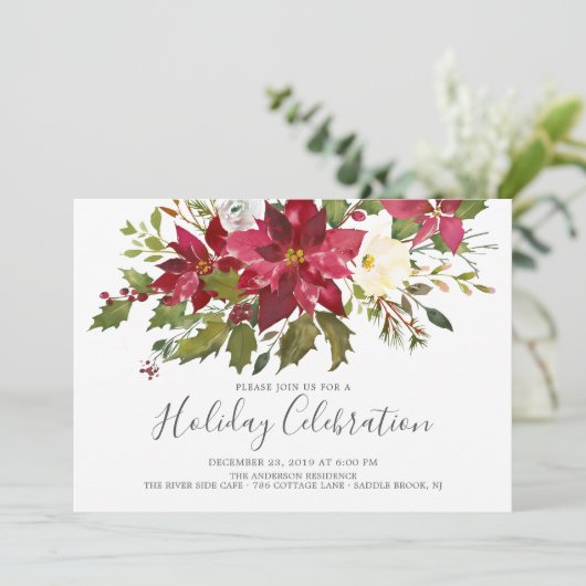 Waterverf Kerstfeestdag Rode Poinsettia Kaart (Staand voorkant)