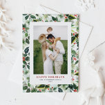 Waterverf kerstflesfoto feestdagen kaart<br><div class="desc">prettige feestdagen! Verstuur vakantiegroeten naar familie en vrienden met deze feestelijke,  groene kaart. Het is voorzien van een waterverf van heiligen en kerstblad. Personaliseer door een verticale foto,  namen en bericht toe te voegen.</div>