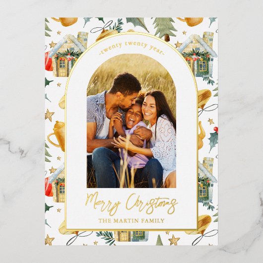 Waterverf kerstfoto folie feestdagen briefkaart (Voorkant)