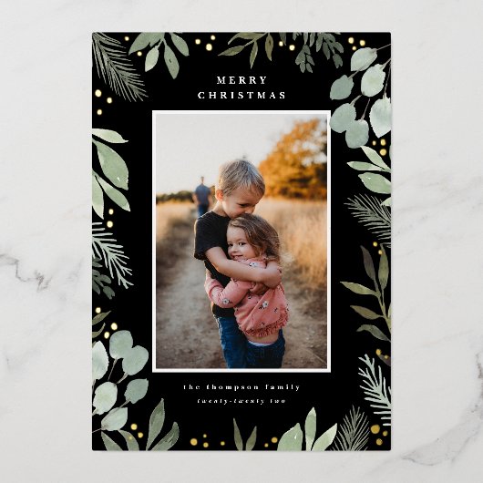 Waterverf kerstfotokaart Echte Folie Uitnodiging (Voorkant)