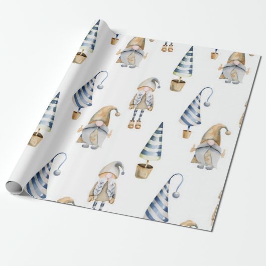 Waterverf kerstgnoompatroon cadeaupapier (Uitgerold)