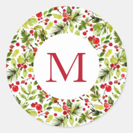 Waterverf Kerstgroen en Bessen Ronde Sticker