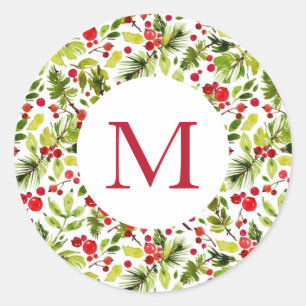 Waterverf Kerstgroen en Bessen Ronde Sticker