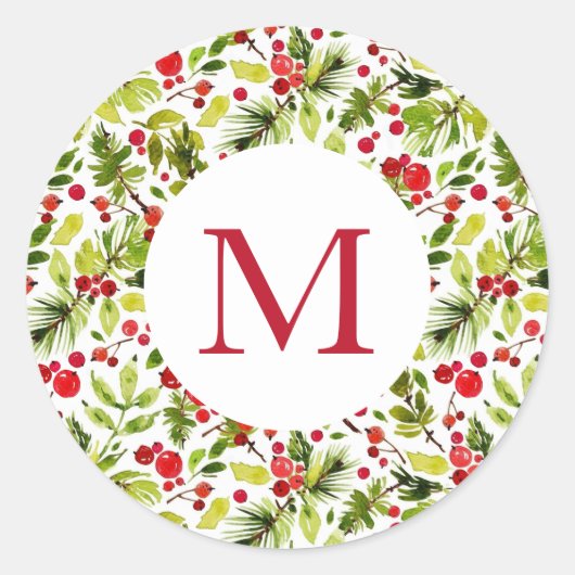 Waterverf Kerstgroen en Bessen Ronde Sticker (Voorkant)