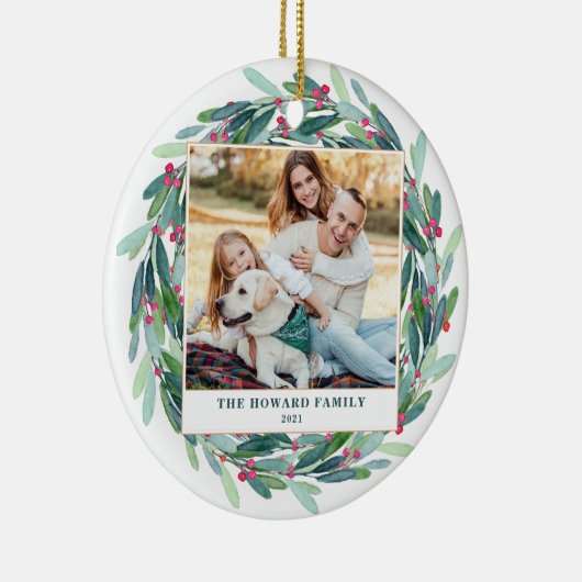 Waterverf kerstgroen met grote multi-foto keramisch ornament (Rechts)