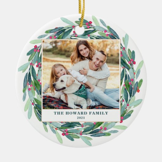 Waterverf kerstgroen met grote multi-foto keramisch ornament (Voorkant)