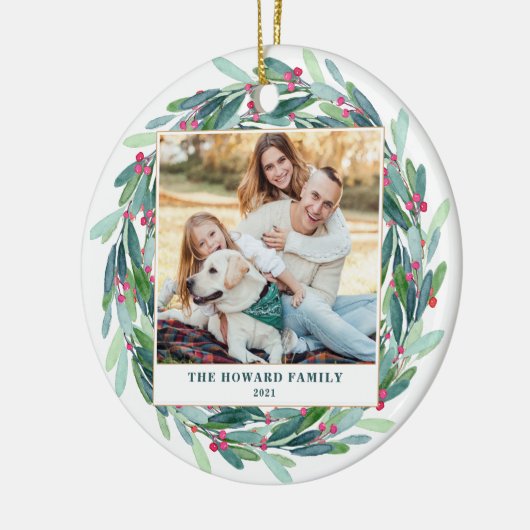 Waterverf kerstgroen met grote multi-foto keramisch ornament (Links)