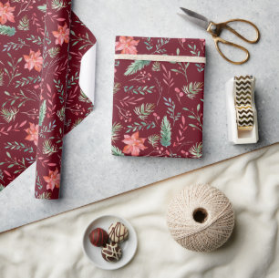 Waterverf kerstgroene rode Florals Maroon Cadeaupapier