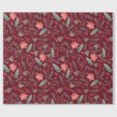 Waterverf kerstgroene rode Florals Maroon Cadeaupapier (Vlak)
