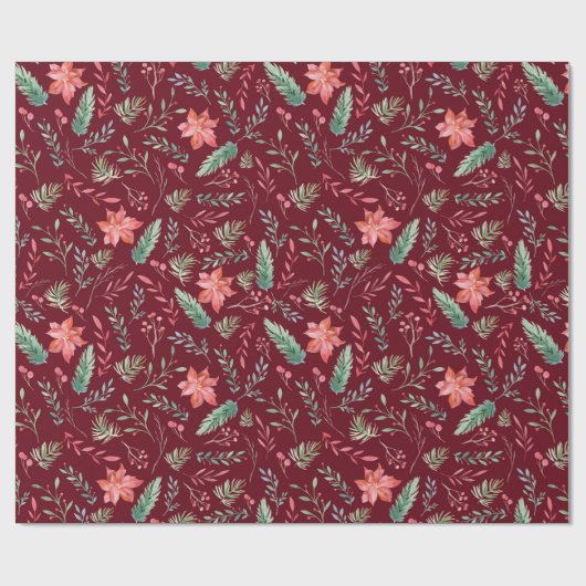 Waterverf kerstgroene rode Florals Maroon Cadeaupapier (Vlak)