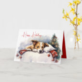 Waterverf kersthond op kussen kaart (Gele Bloem)