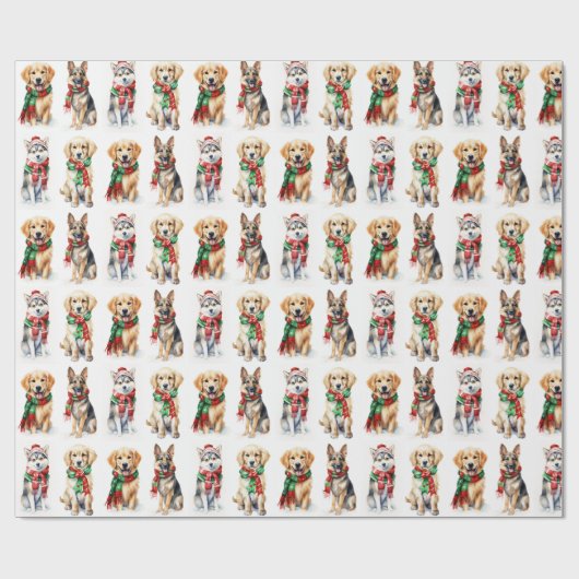 Waterverf kersthonden op wit cadeaupapier (Vlak)