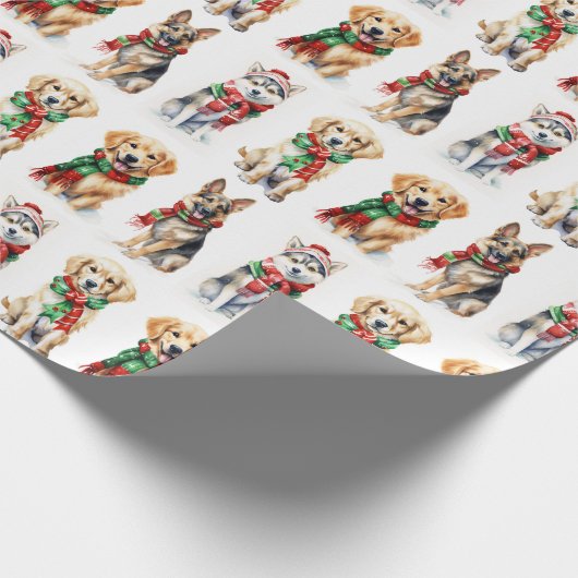 Waterverf kersthonden op wit cadeaupapier (Hoek)