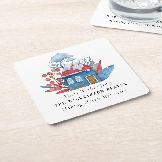  WATERVERF KERSTHUIS GEPERSONALISEERD KARTONNEN ONDERZETTERS (Schuin)