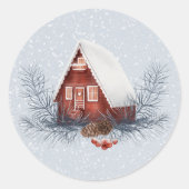 Waterverf kersthuis Snow Pine Berries Ronde Sticker (Voorkant)