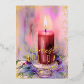 Waterverf kerstkaars bordeaux wijnmaroon folie feestdagenkaart (Voorkant)