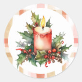 Waterverf kerstkaars en plaid ronde sticker (Voorkant)