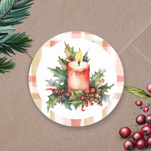 Waterverf kerstkaars en plaid ronde sticker