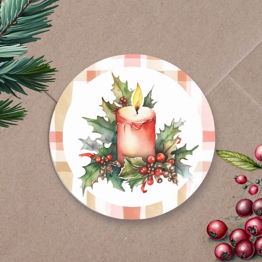 Waterverf kerstkaars en plaid ronde sticker