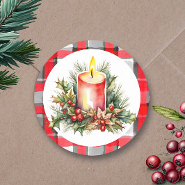 Waterverf kerstkaars geruit plaid ronde sticker