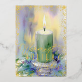 Waterverf Kerstkaars Mint Groen Folie Feestdagenkaart (Voorkant)