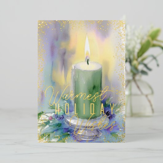 Waterverf Kerstkaars Mint Groen Folie Feestdagenkaart (Staand Voorkant)