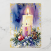 Waterverf kerstkaars Paarse Folie Feestdagenkaart (Voorkant)