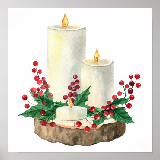 Waterverf kerstkaarsen Berries Leaves Poster (Voorkant)