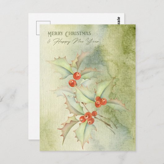 Waterverf kerstkaart met holly branch briefkaart (Voorkant / Achterkant)