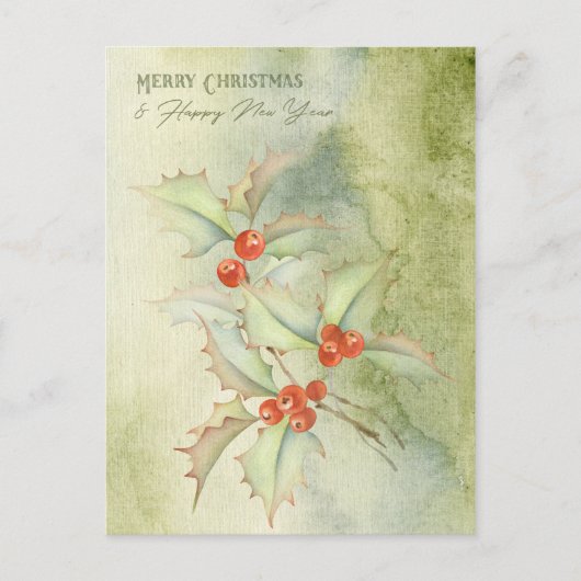 Waterverf kerstkaart met holly branch briefkaart (Voorkant)
