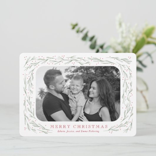 Waterverf kerstkaart pine border (Staand voorkant)