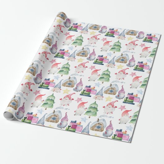 Waterverf kerstkabouters cadeaupapier (Uitgerold)