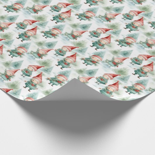 Waterverf kerstkabouters met cadeaus en bomen cadeaupapier (Hoek)