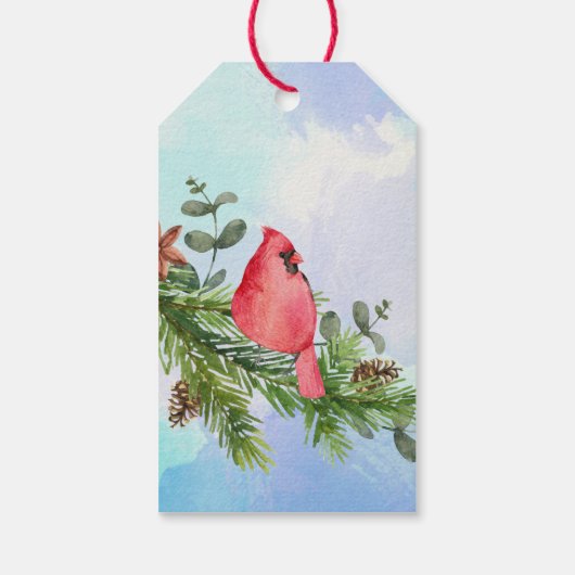 Waterverf kerstkardinaalvogelboom cadeaulabel (Achterkant)
