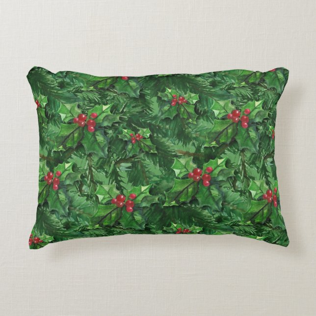 Waterverf Kerstkerst Holly Berries Accent Kussen (Voorkant)