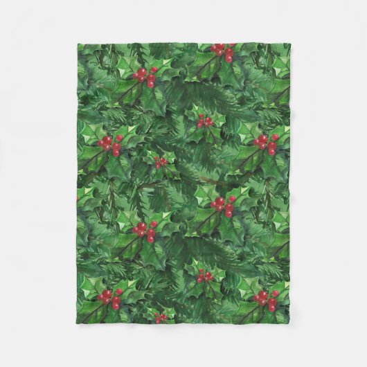 Waterverf Kerstkerst Holly Berries Fleece Deken (Voorkant)