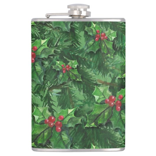 Waterverf Kerstkerst Holly Berries Heupfles (Voorkant)