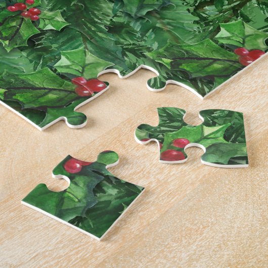 Waterverf Kerstkerst Holly Berries Legpuzzel (Zijkant)