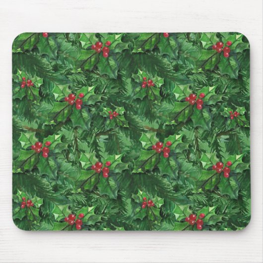 Waterverf Kerstkerst Holly Berries Muismat (Voorkant)