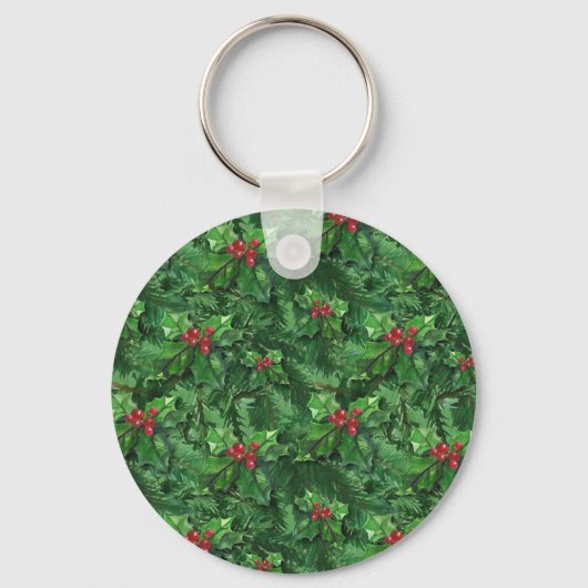 Waterverf Kerstkerst Holly Berries Sleutelhanger (Voorkant)