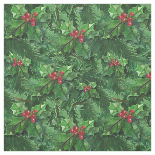 Waterverf Kerstkerst Holly Berries Stof (Swatch)